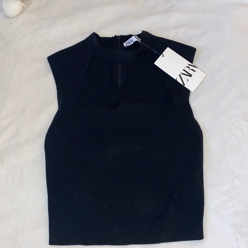 ZARA black crop top with scallop neck cut out NWT